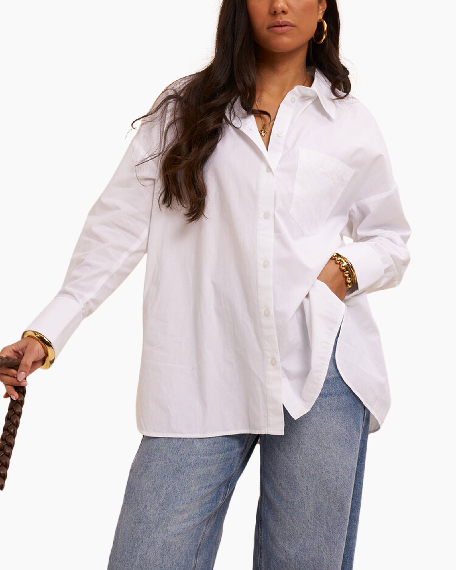 wit overhemd, knopen overhemd, lange mouwen, zakken overhemd, casual top