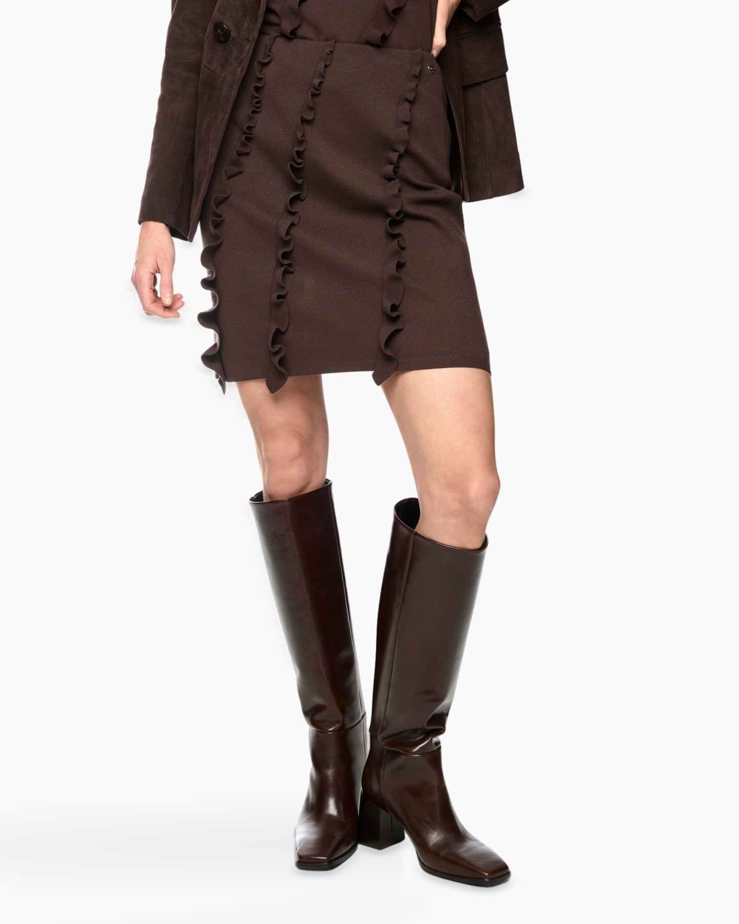 rok, franjes, mini, bruin, kniehoge laarzen