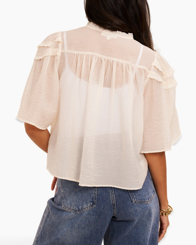 blouse, doorschijnend, frijsjes, korte-mouw, knopen