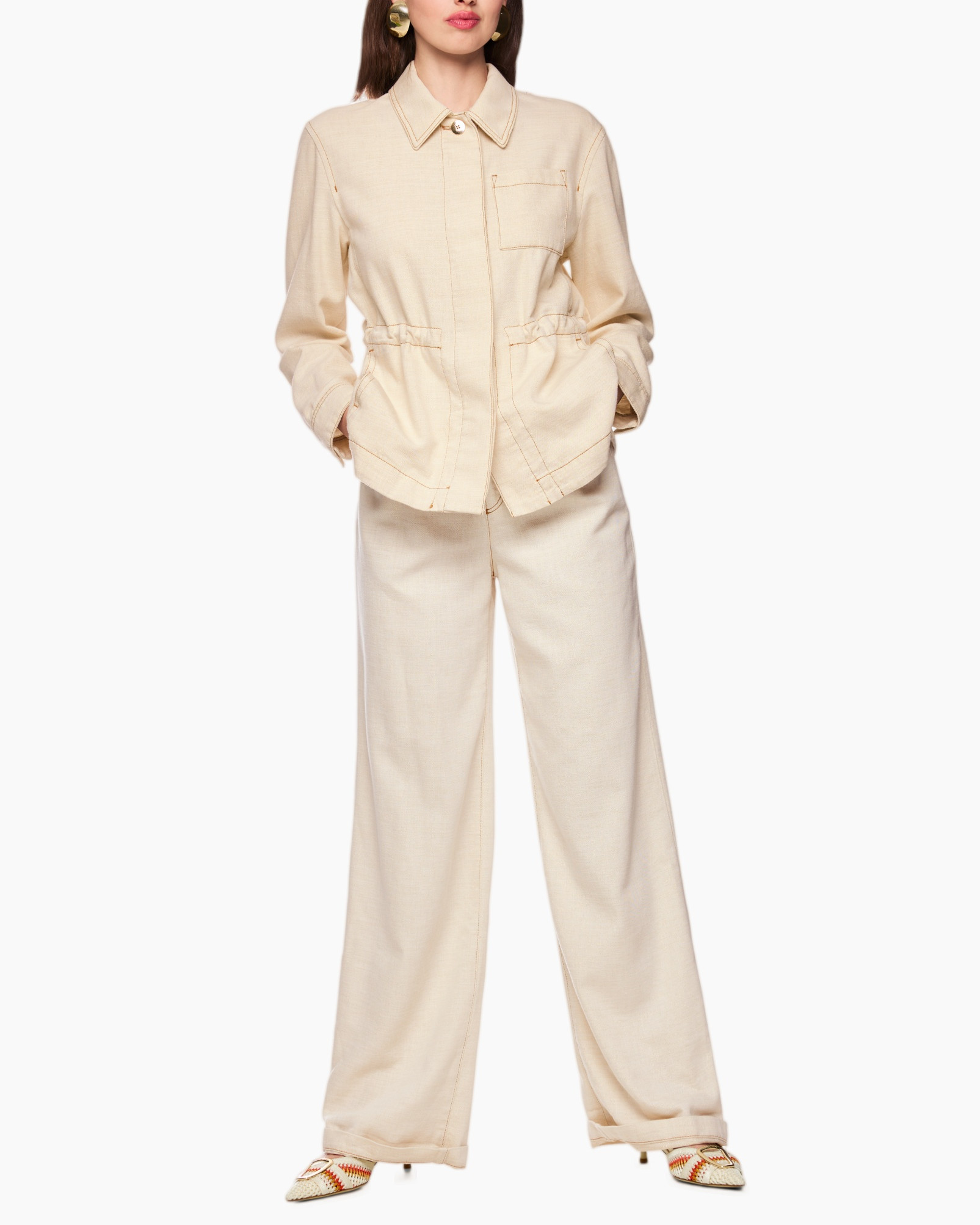 beige, oversleeve, pantalonpak, lange broek, kraag