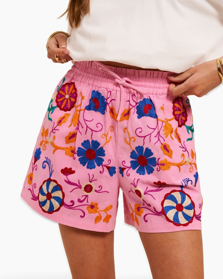 shorts, pink, embroidery, floral, drawstring