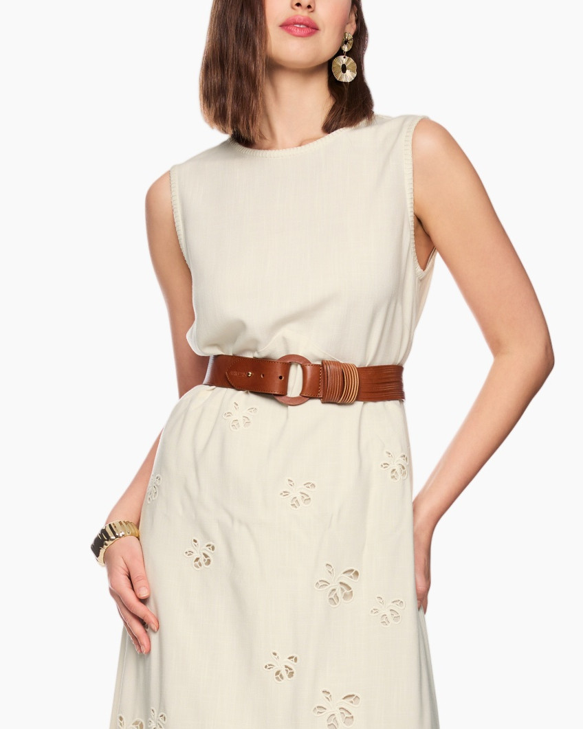 dress, sleeveless, belt, embroidery, cream