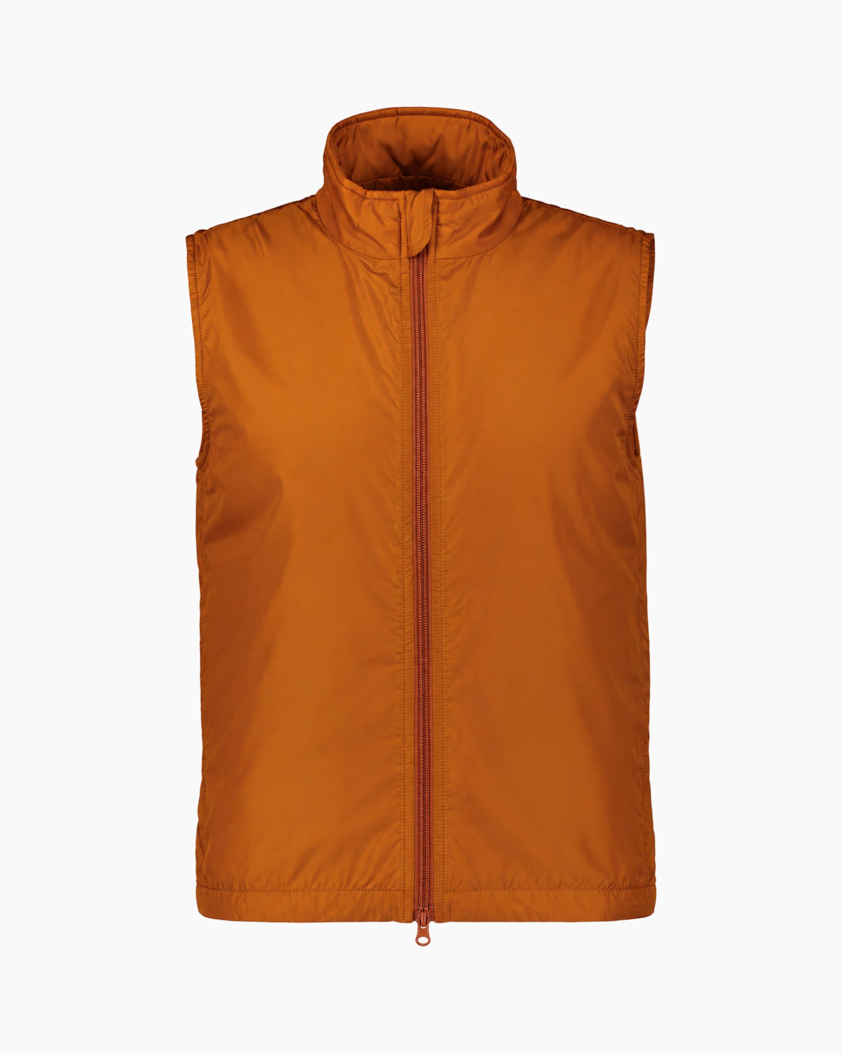 geverfde puffer?, mouwloze jas, rits voorzijde, oranje, zachte stof