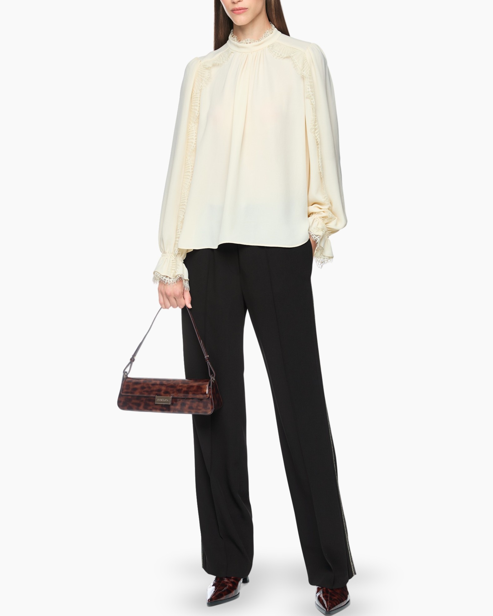 blouse, crepe, lange mouwen, kantlint, crème