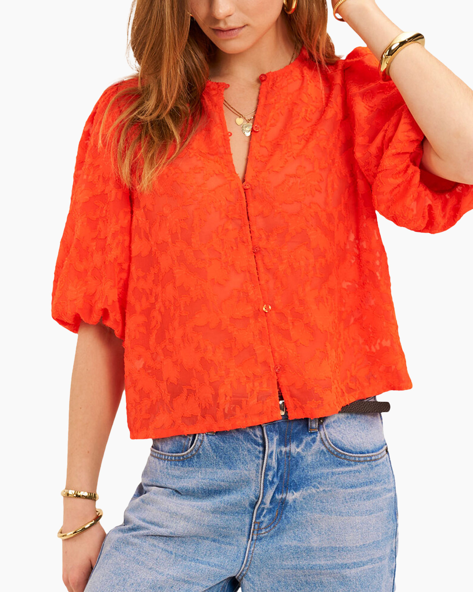 product, blouse, oranje, textured, kortemouw