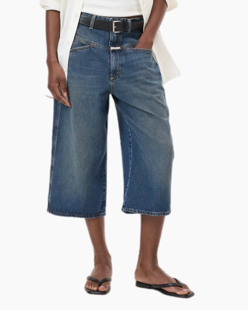 denim shorts, wide-leg, mid wash, knee-length, belted