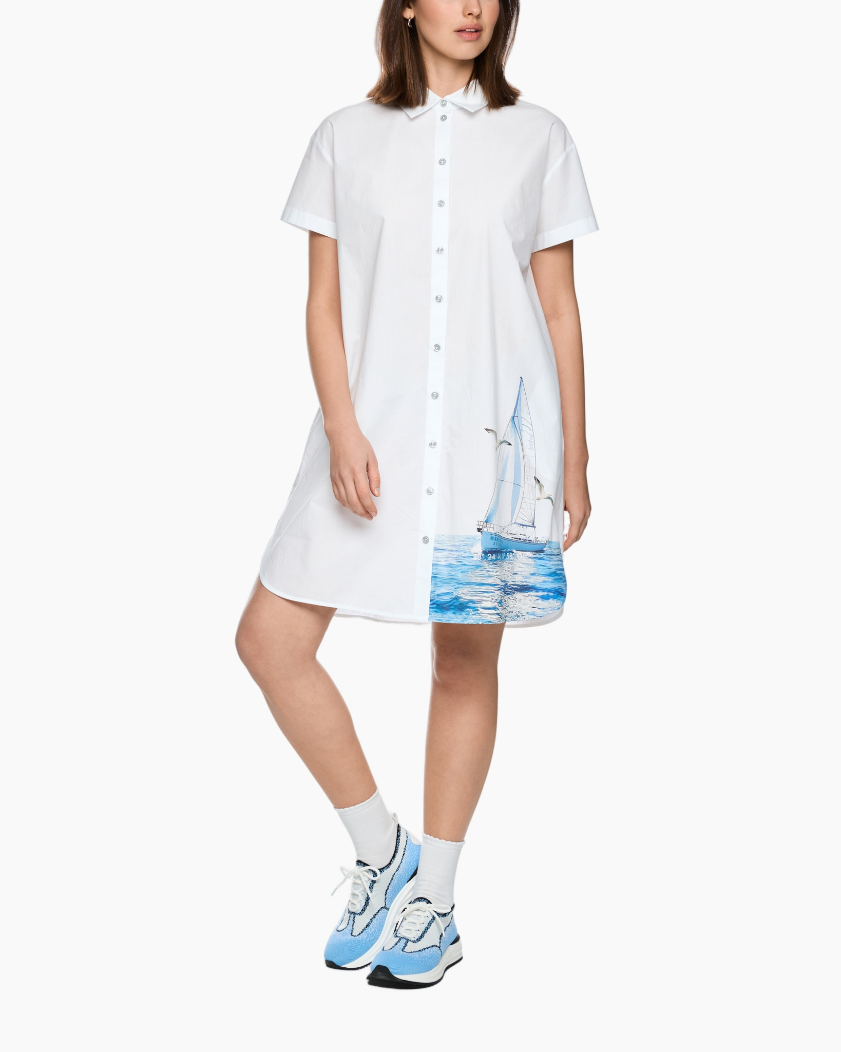 witte jurk, korte mouwen, knoop down, zeilboot print, casual jurk