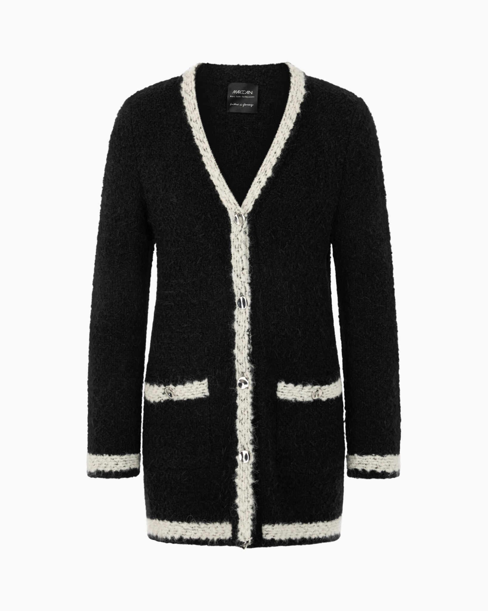 cardigan, zwart, brei, boord, knopen