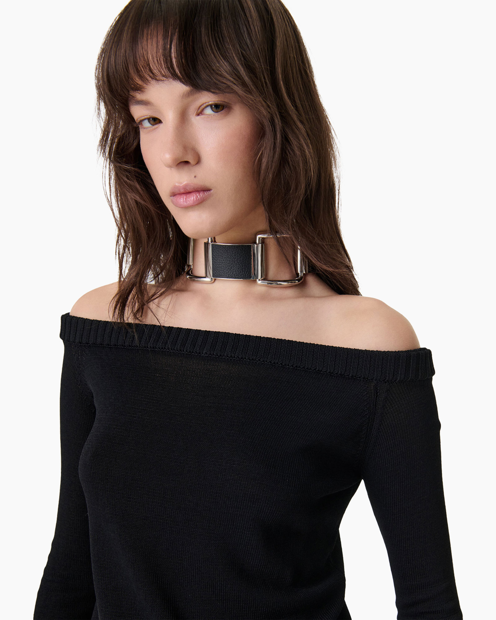 schouders los, zwart top, ribcord-knit, kraag, mode-accessoire