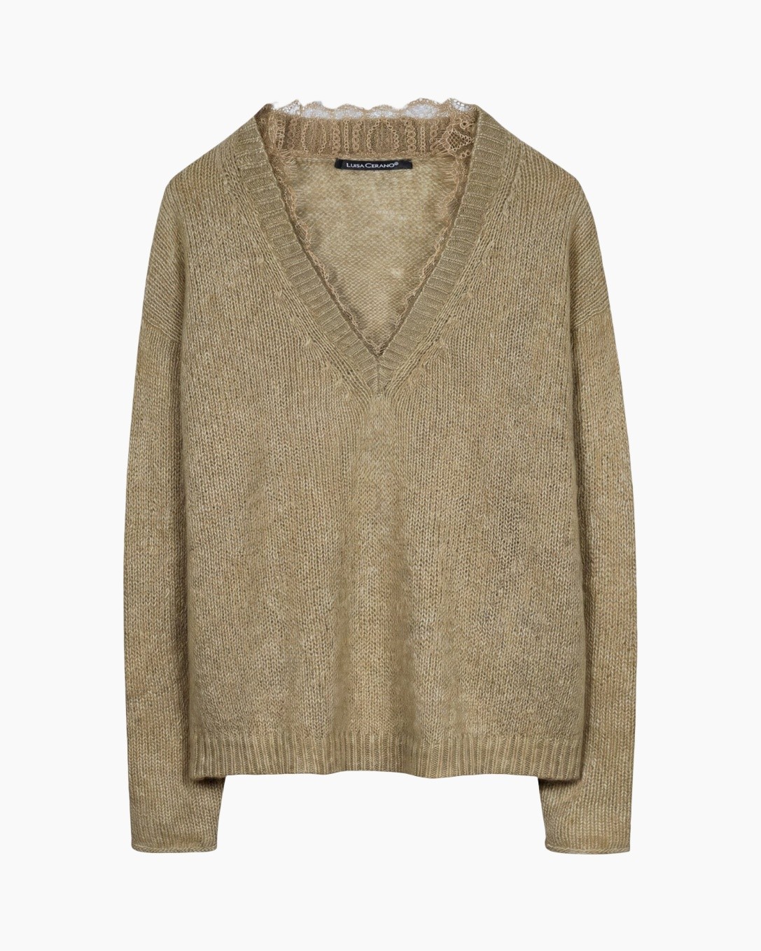 trui, v-hals, gebreid, beige, kant-afwerking