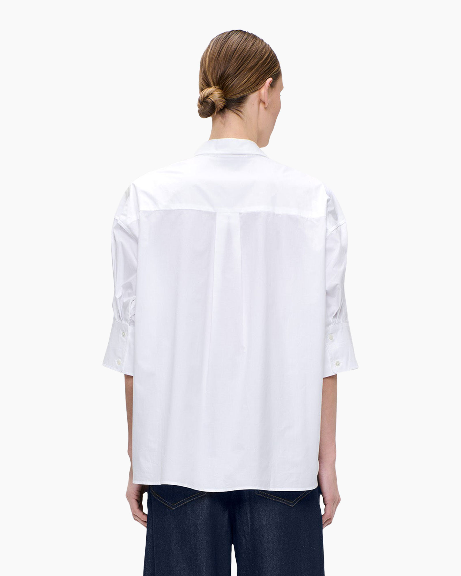 witte blouse, knopen kleed, kraag, zak pocket, driekwarts mouwen
