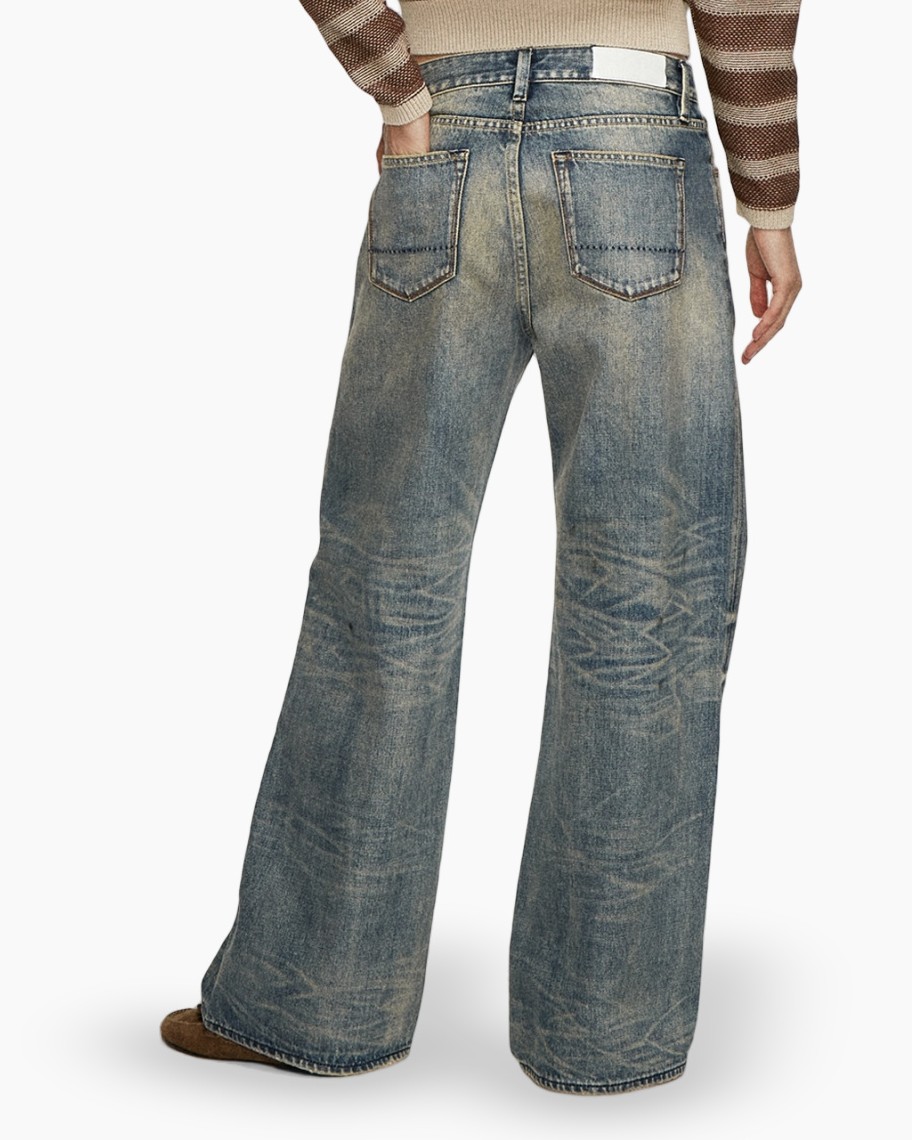 broek, denim, blauw, geruwd, uitlopend