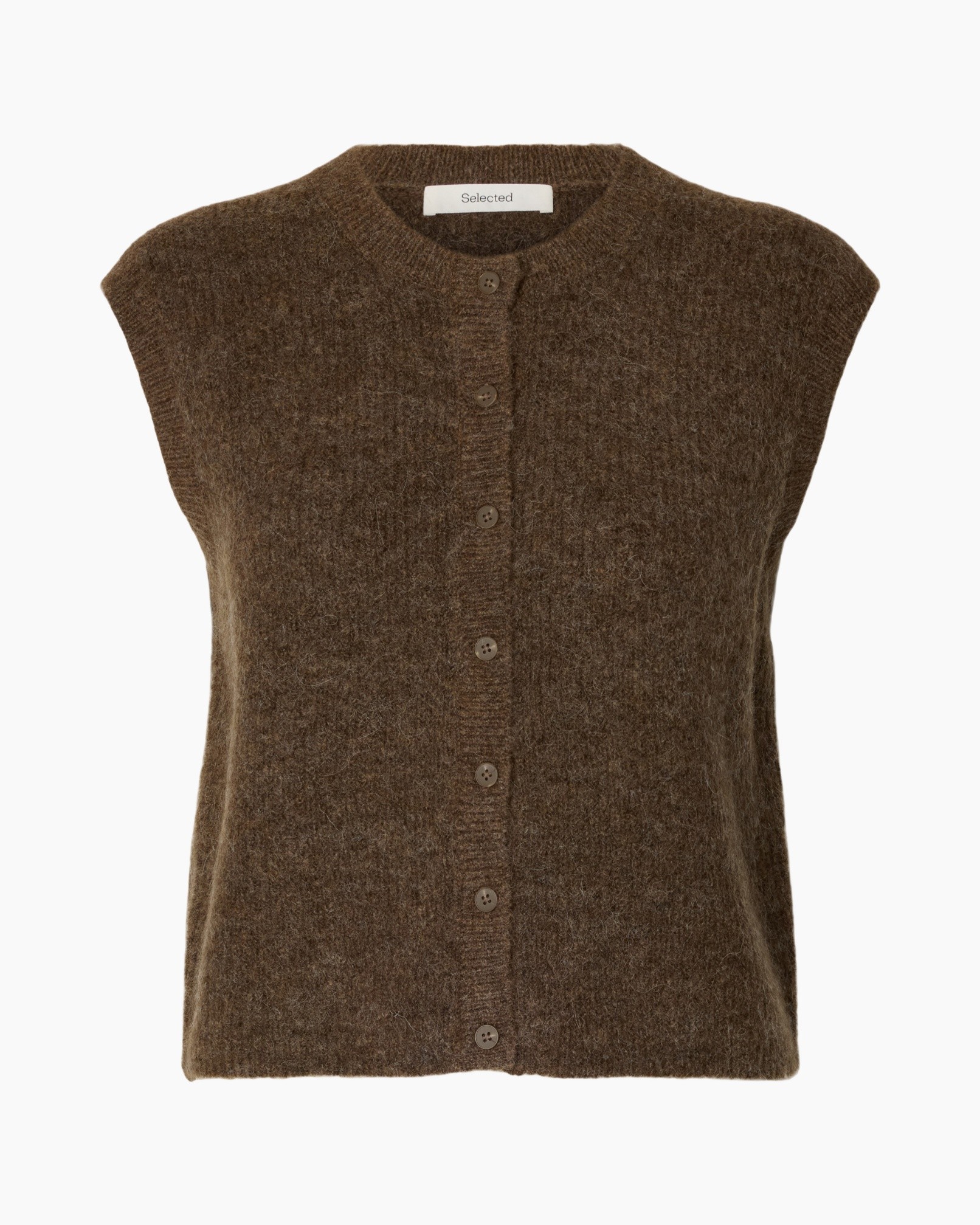 cardigan, brei kleding, bruin, knopen, zonder mouwen