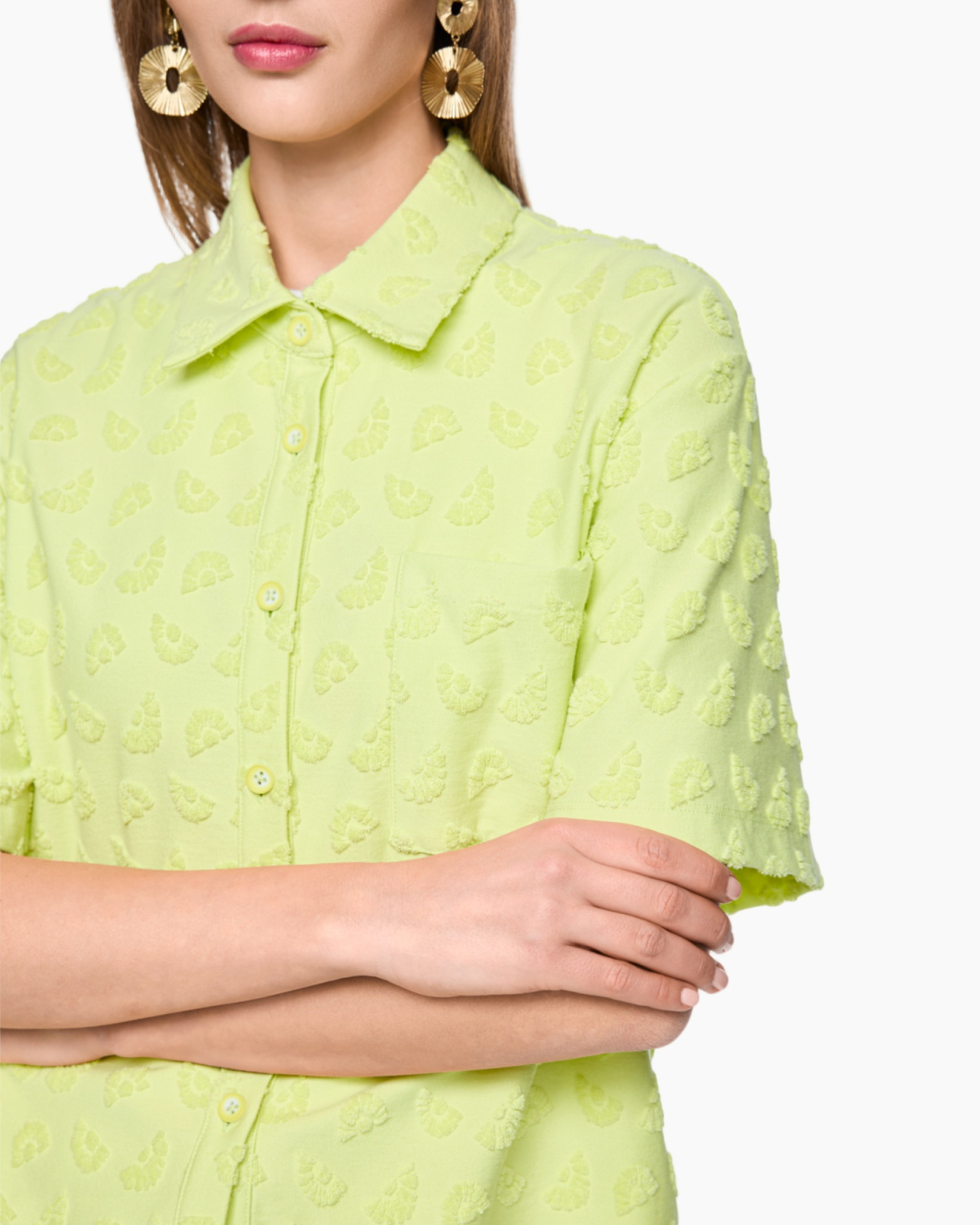 jurk, overslag, lime groen, textuur stof, korte mouw