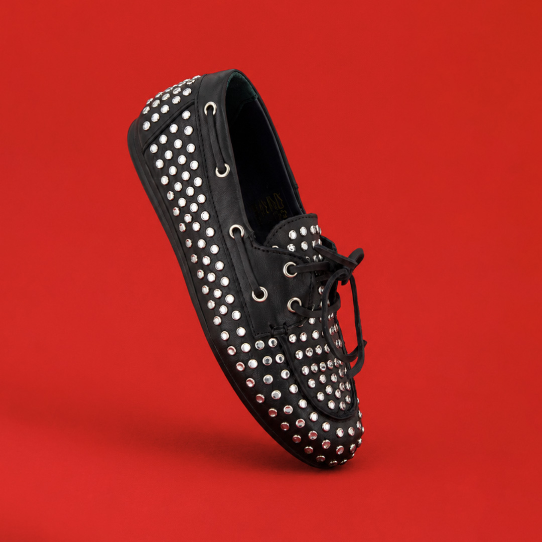 loper, studs, versierd, zwart, leer
