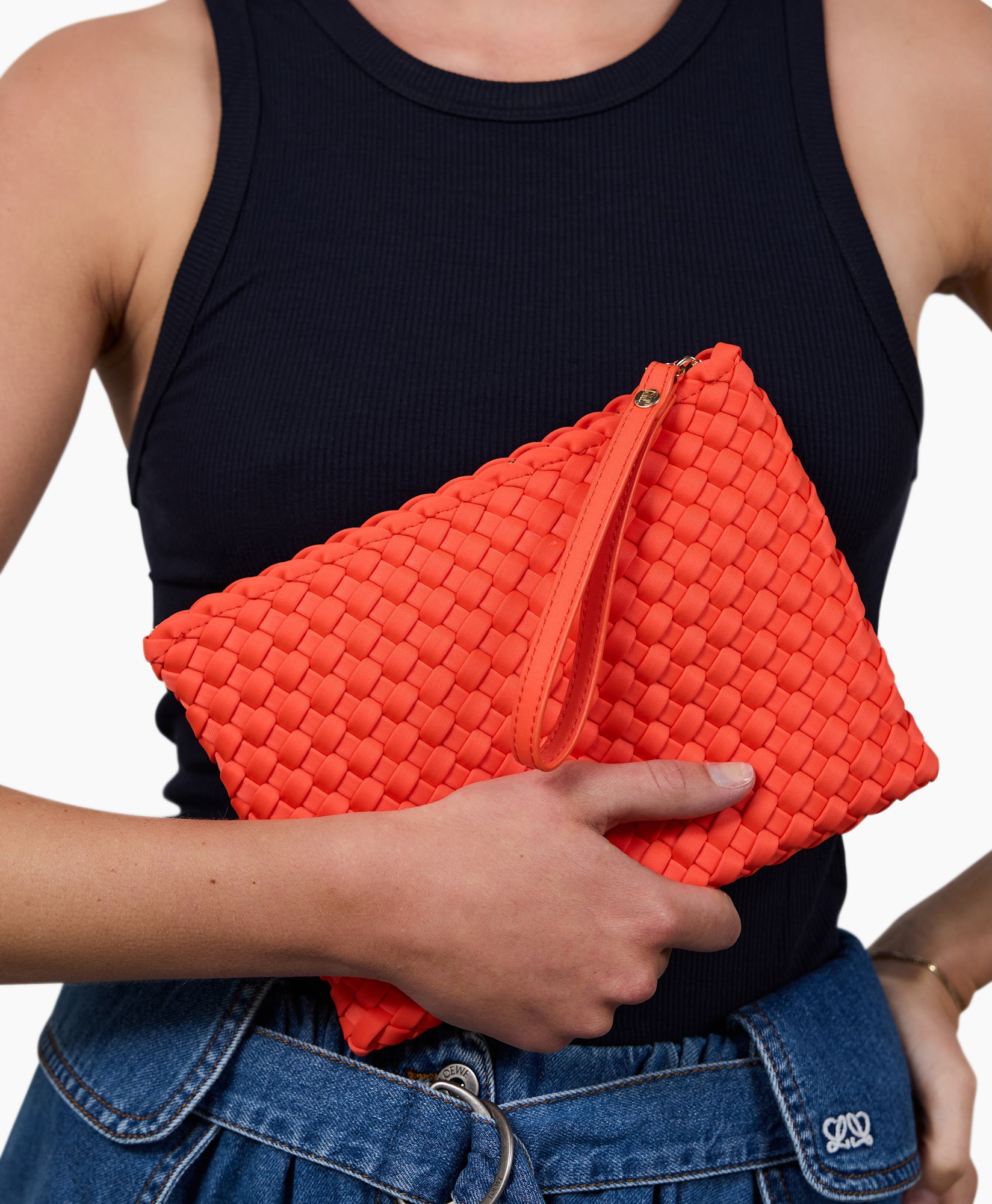 clutch, portemonnee, geweven, oranje, ritssluiting