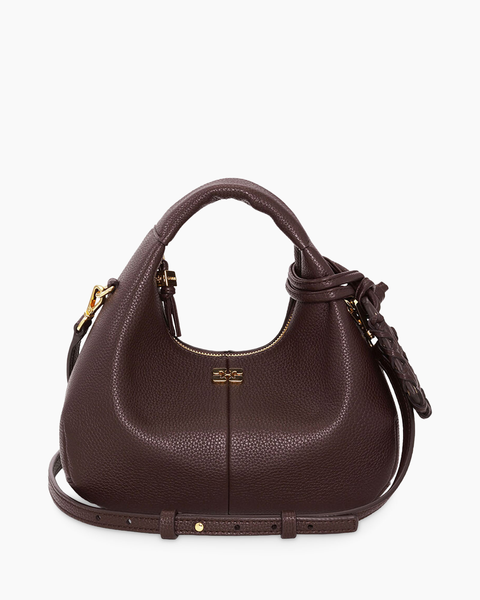 handbag, brown, pebbled leather, top-handle, shoulder strap