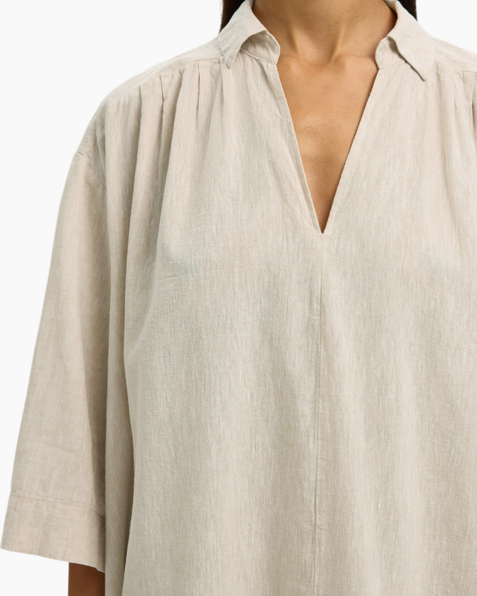 linnen, beige, blouse, geplooid, v-hals