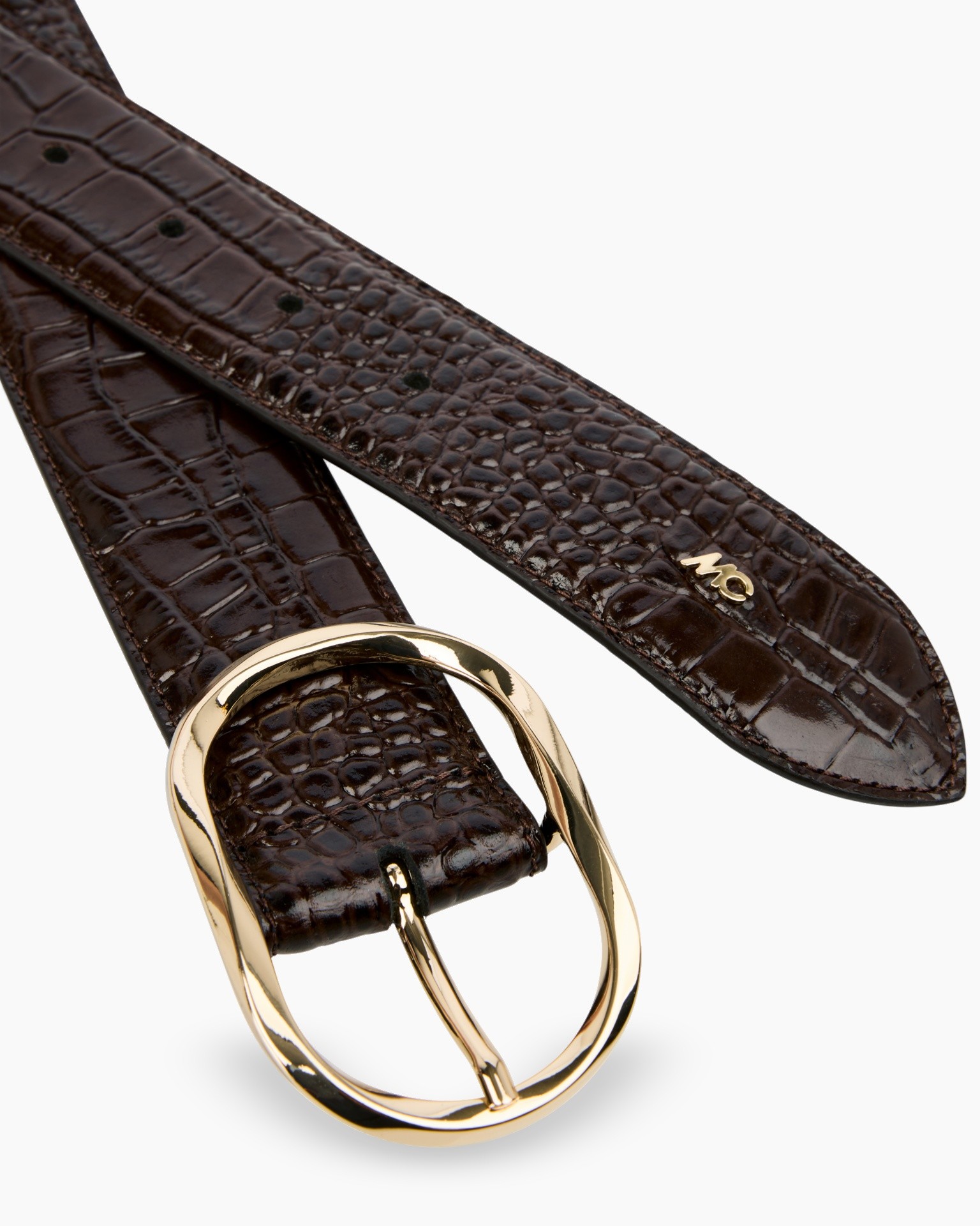 riem, leer, krokodillenleer, bruin, gouden gesp