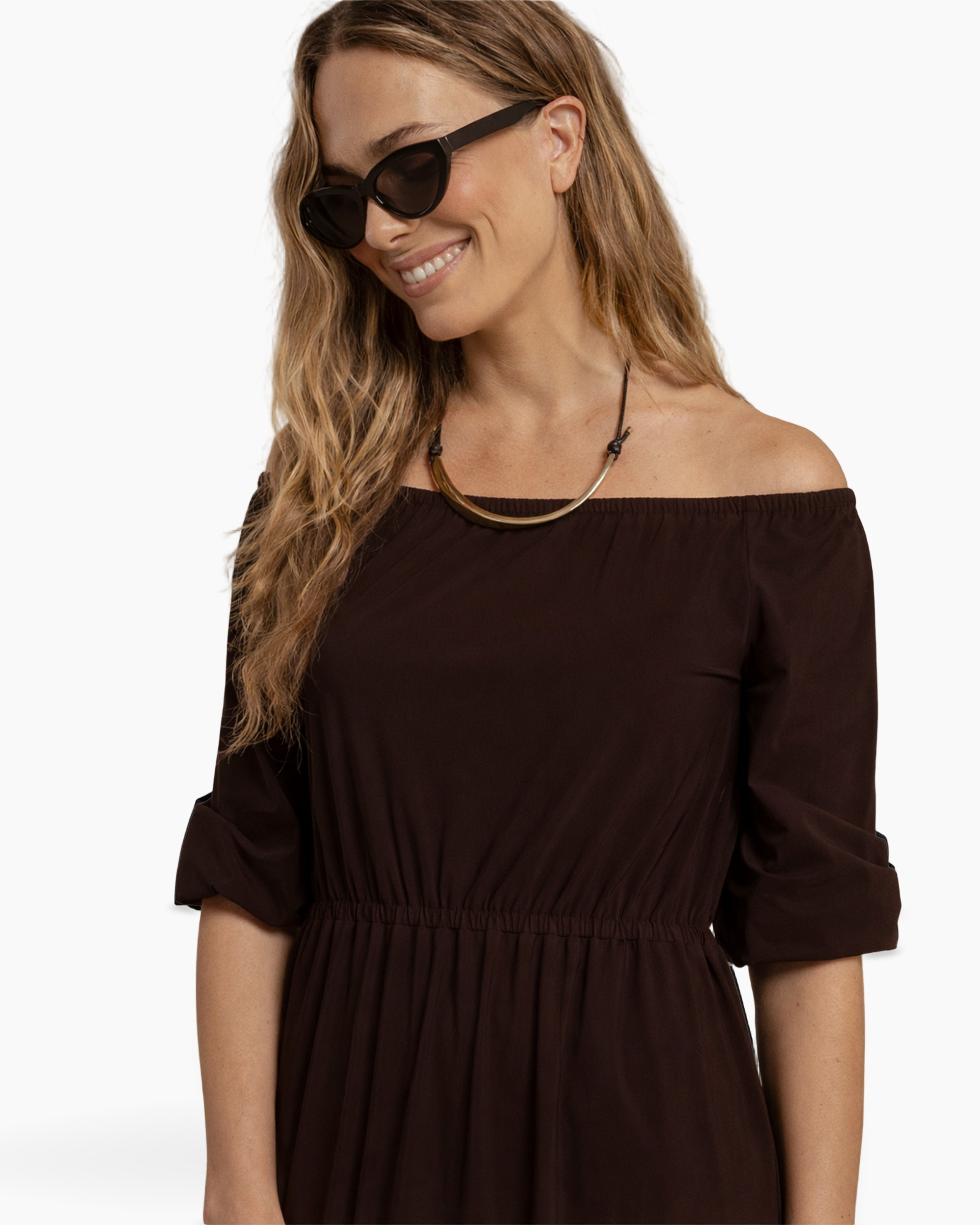 offshoulder, jumpsuit, wideleg, brown, dress-like romper
