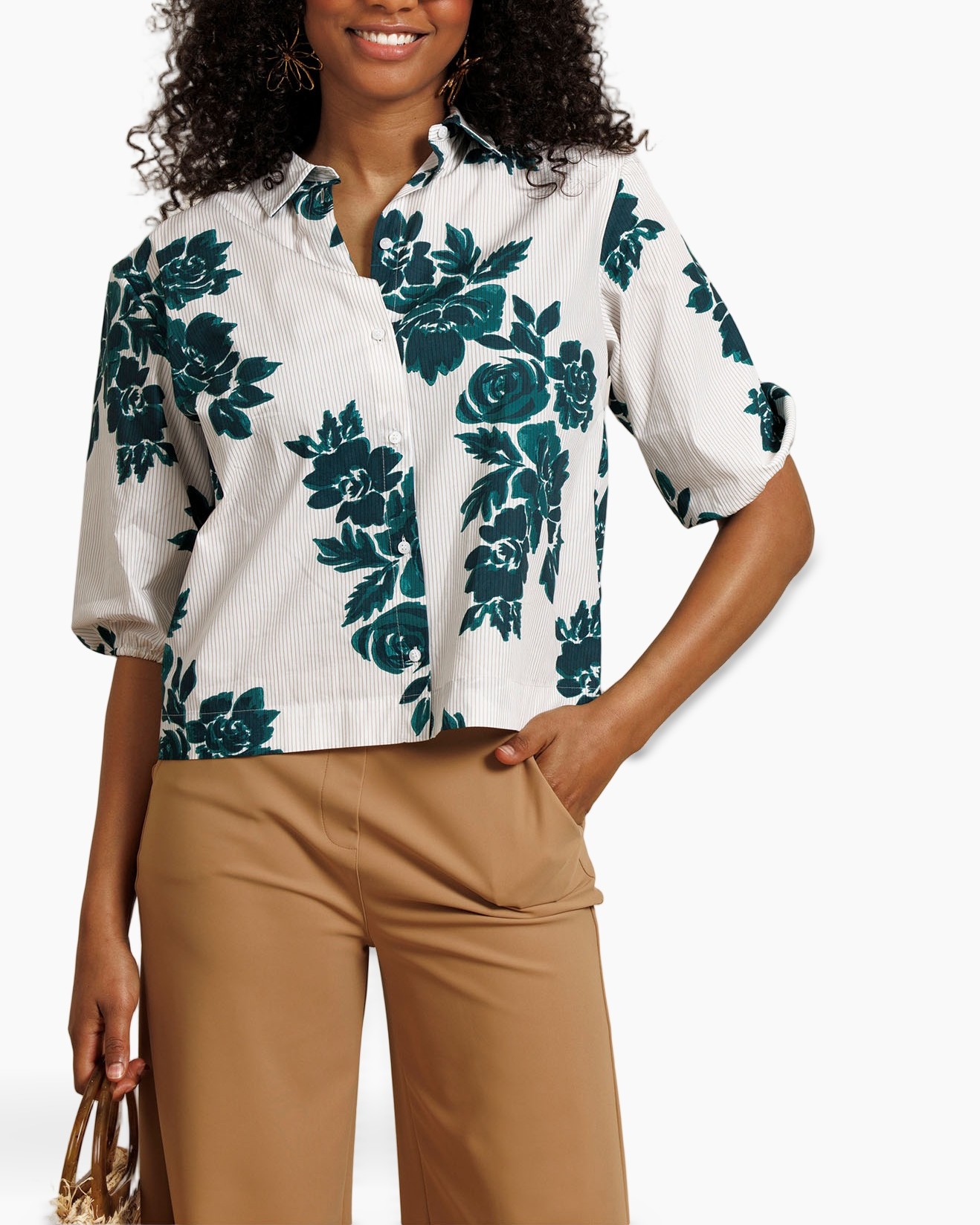 blouse, bloemenprint, korte mouw, streep, casual overhemd