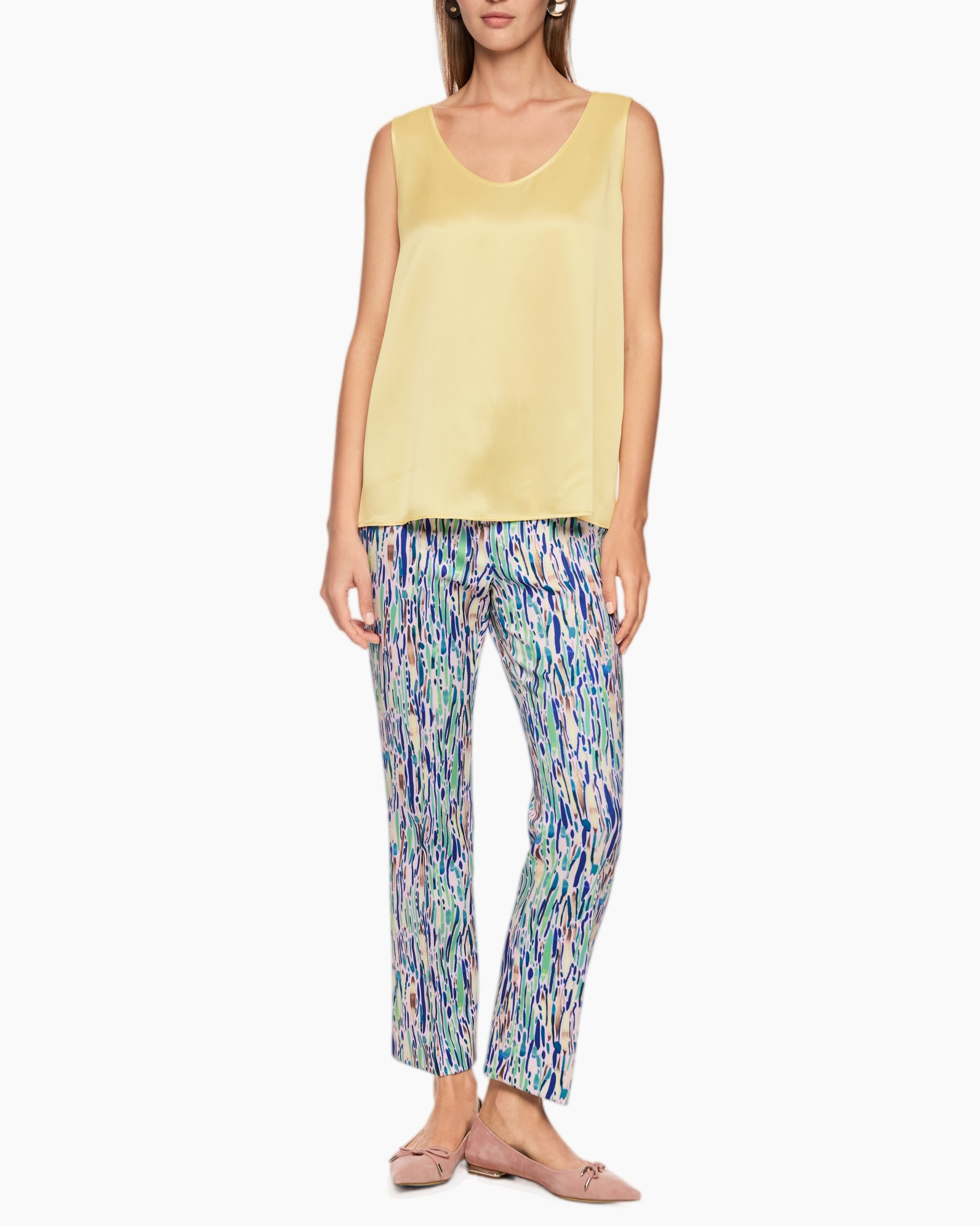 tank top, sleeveless, pale yellow, solid color, pants-trousers