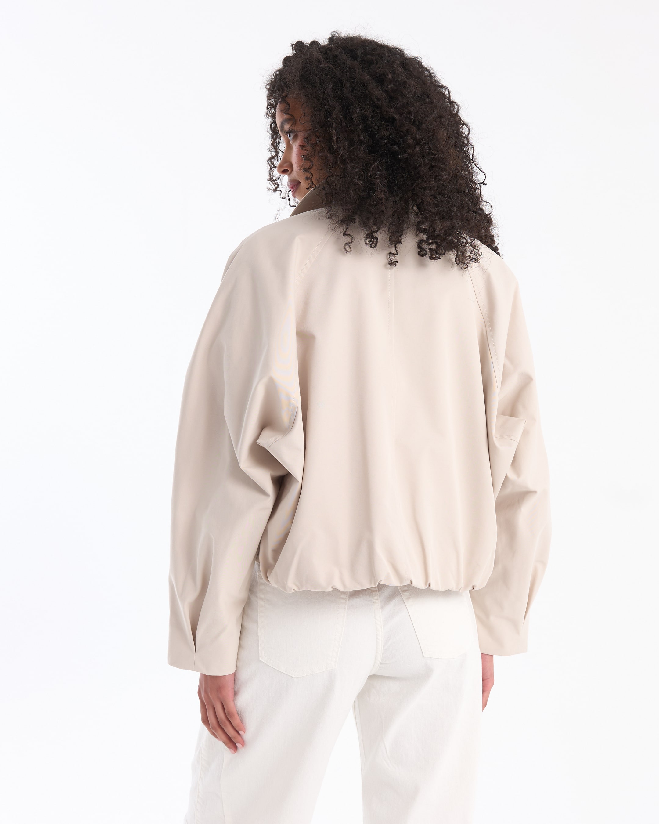 beige jacket, padded jacket, long sleeve, elastic hem, back view