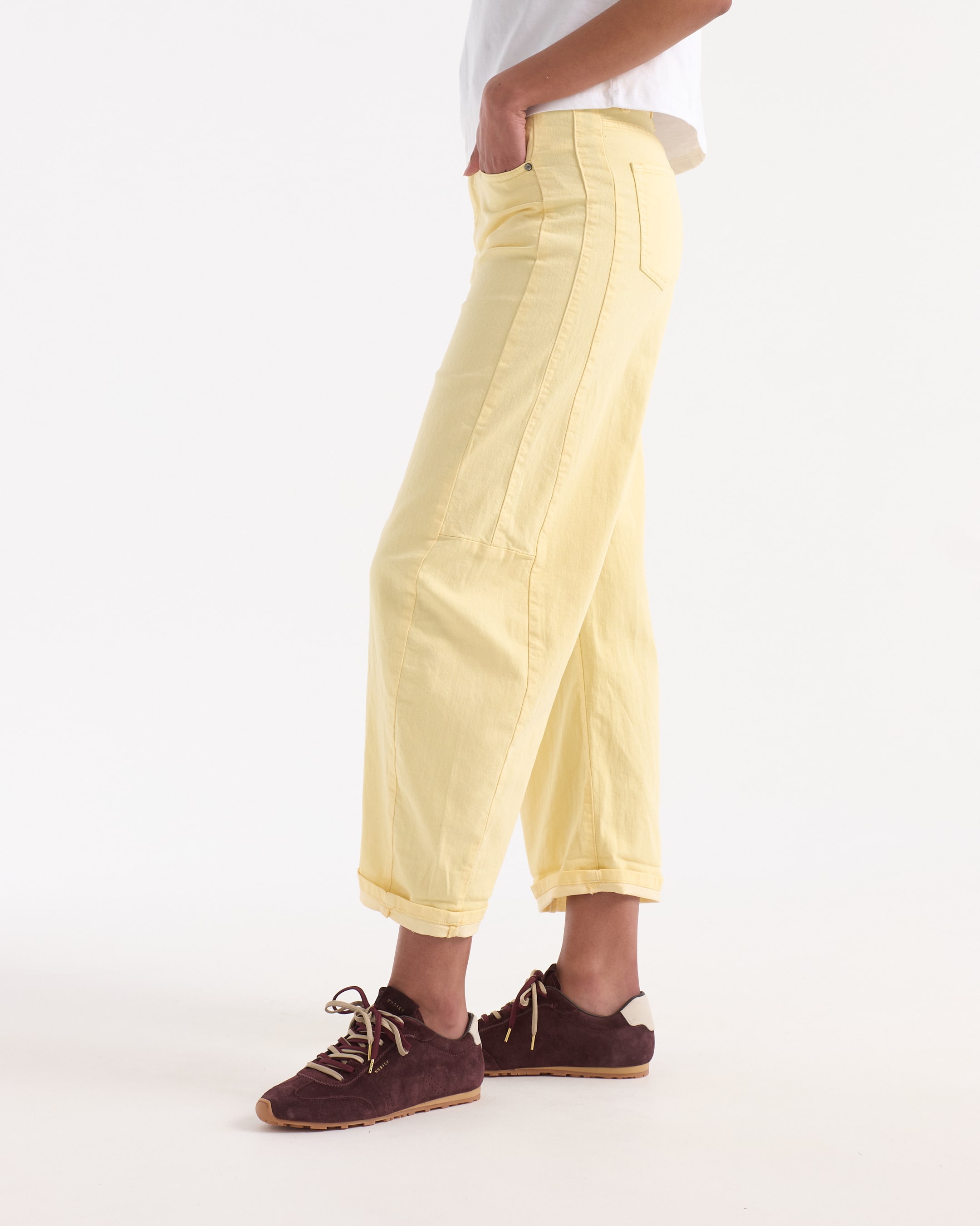 yellow pants, wide-leg, cropped, pocket, jeans-like