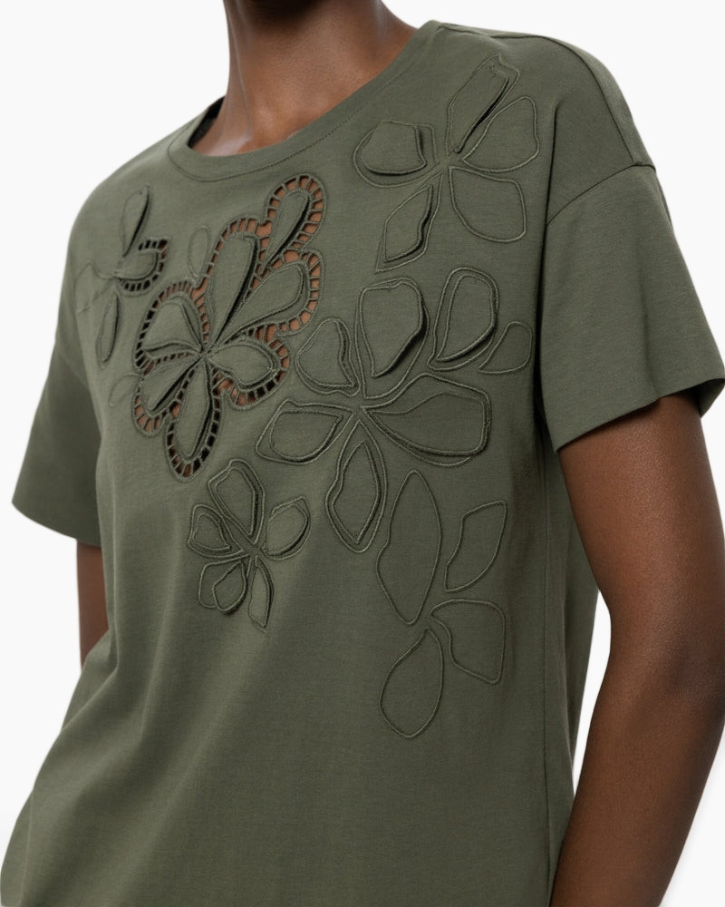 t-shirt, olijfgroen, borduursel, floraal, korte mouw