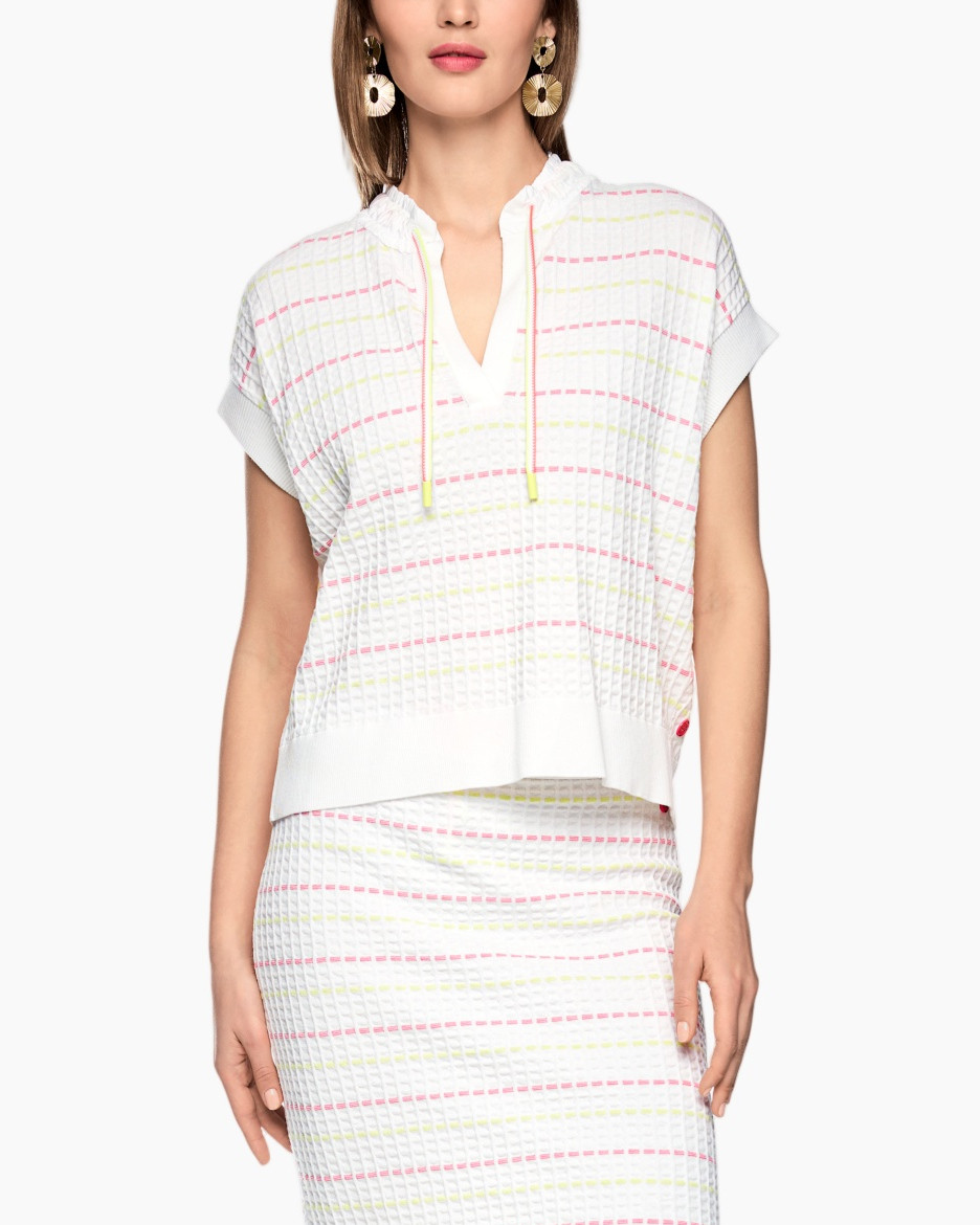 top, korte mouwen, brei, wit, gestreept