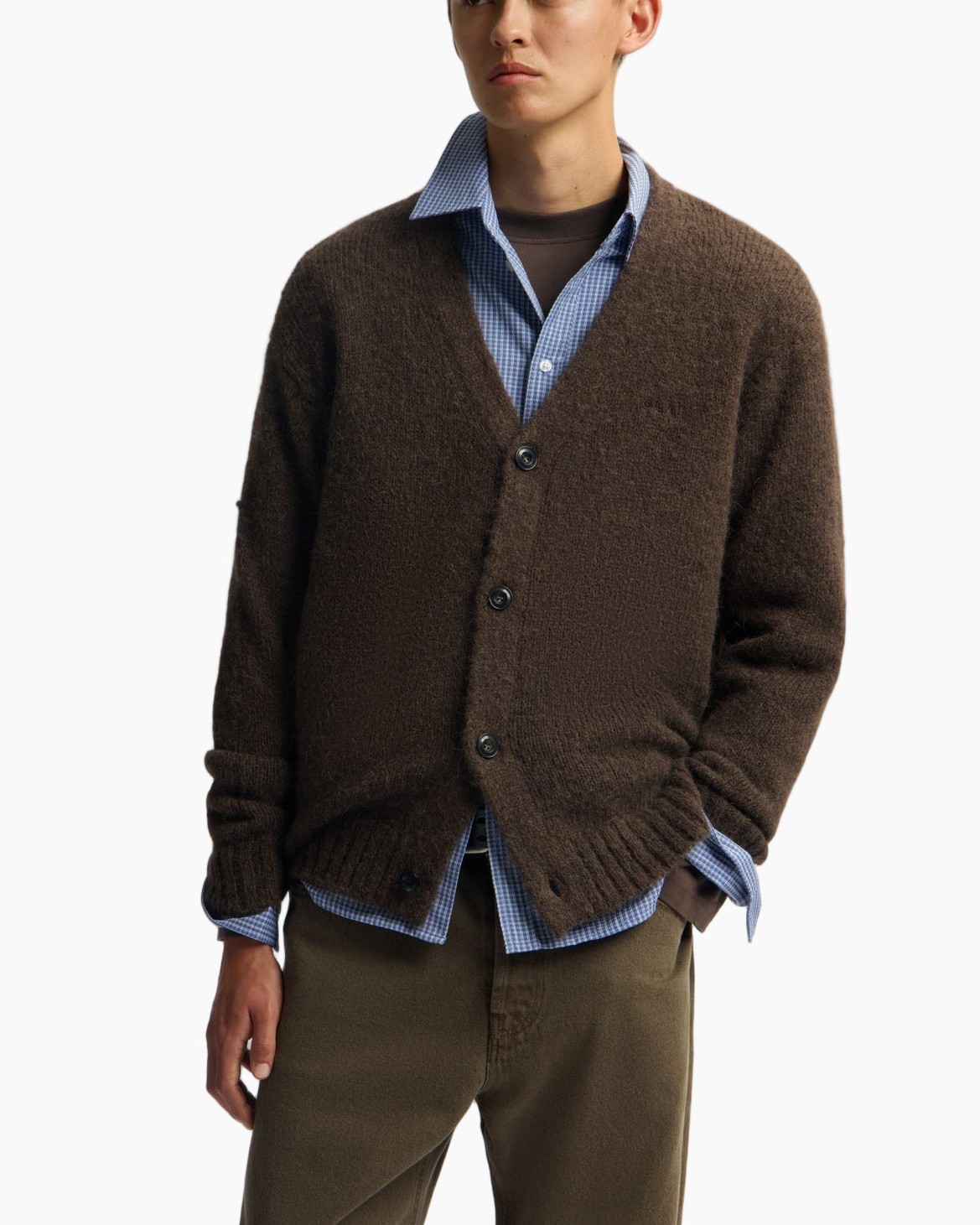 cardigan, bruin, breiwerk, lagen, knopen-front