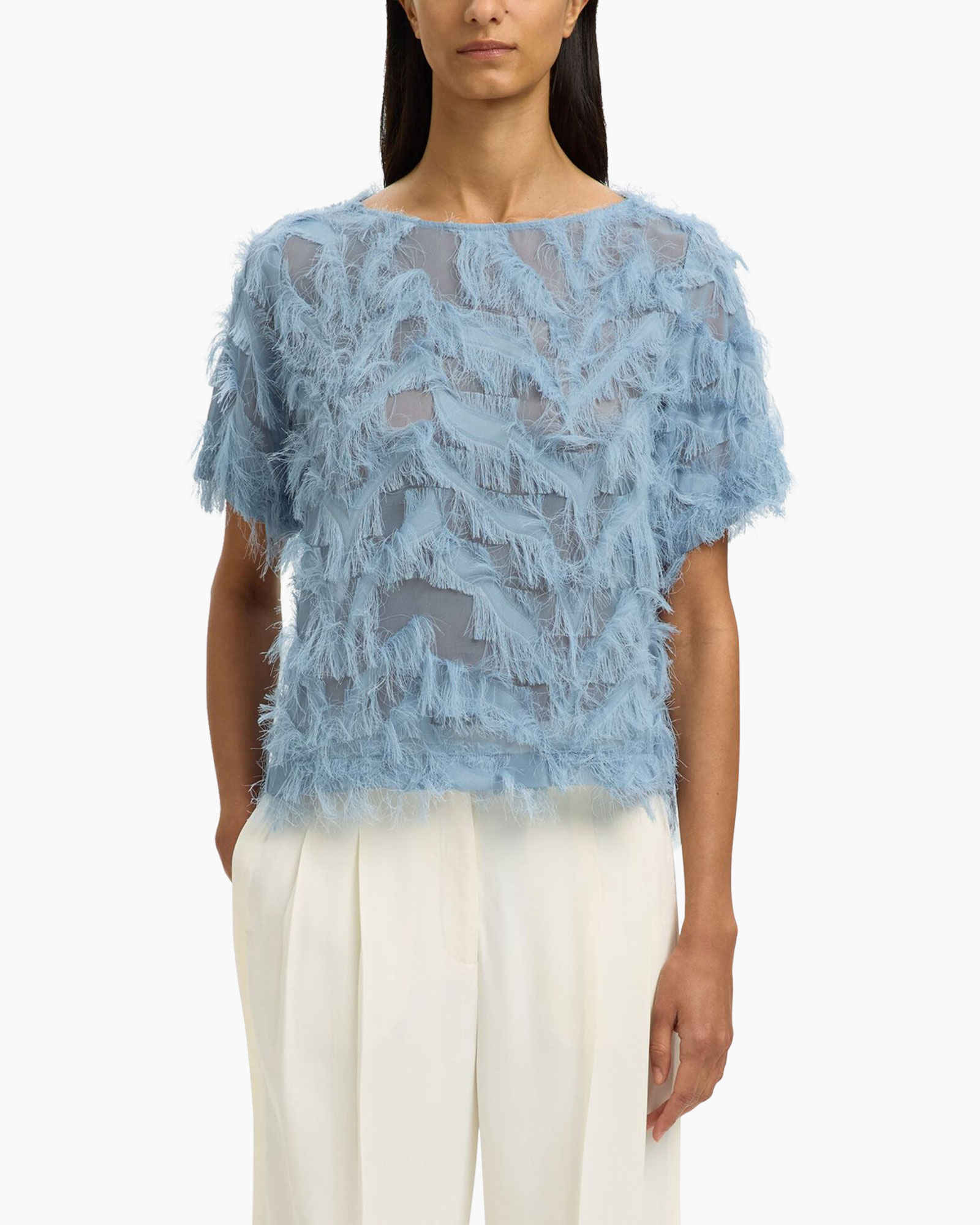 top, blouse, veren, veren, blauw