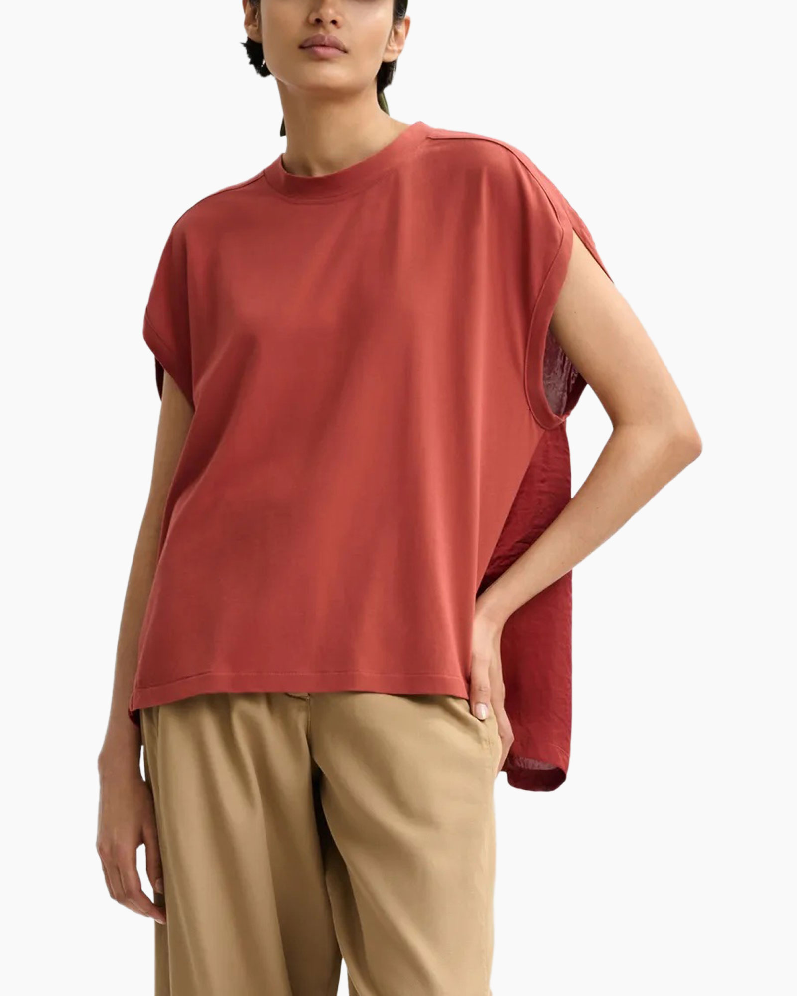 top, t-shirt, sleeveless, douple-layer, orange-red