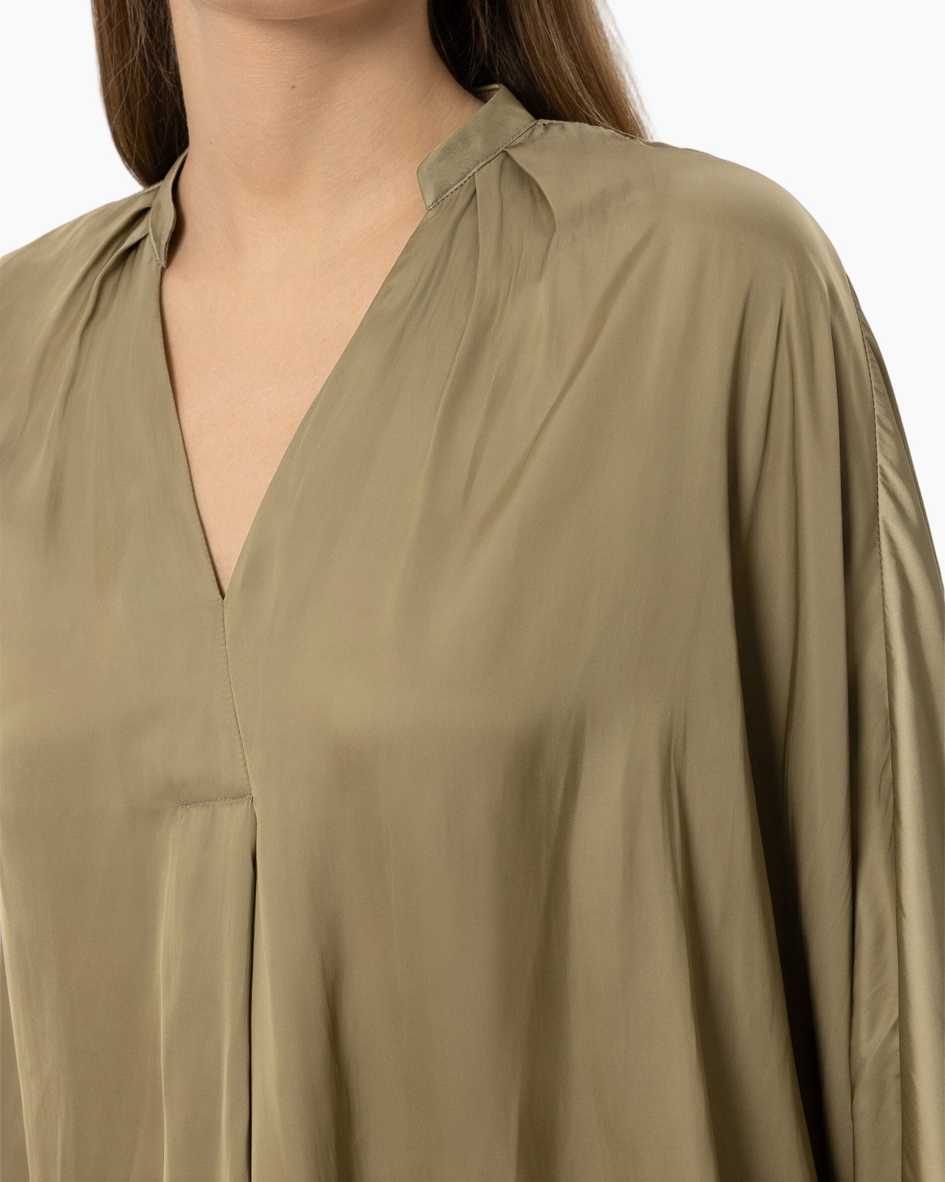 blouse, olijfkleur, V-hals, plooien, lange mouwen, olijfkleurige blouse, blouse, v-hals, plooiksleeën, gladde stof