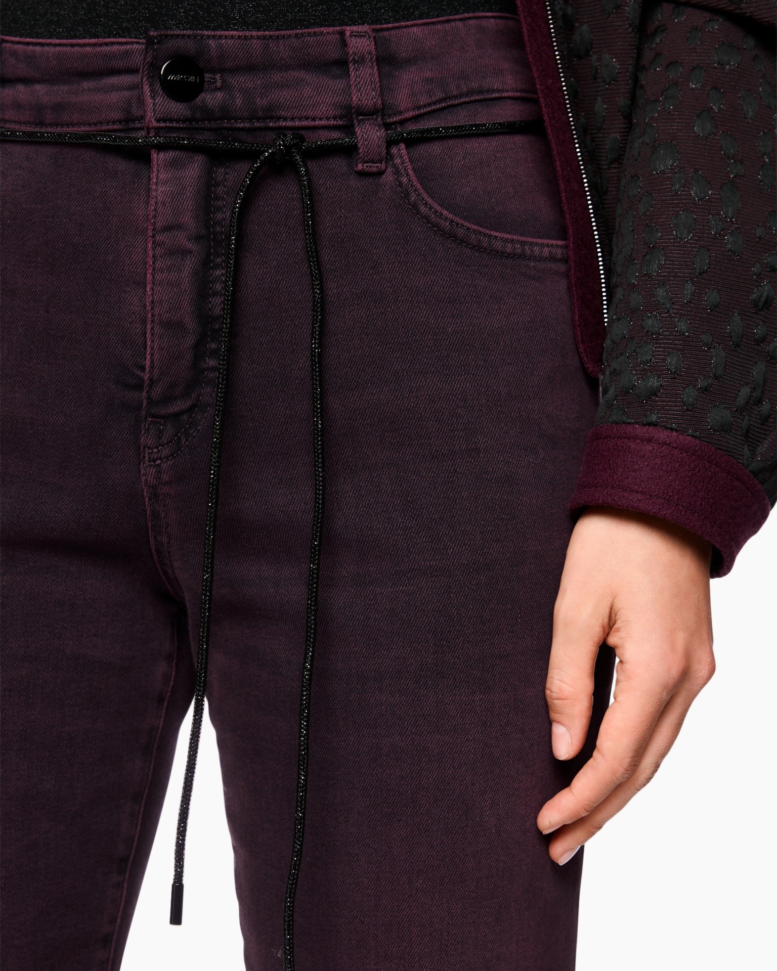 broek, touwtjes, burgundy, jeans, stretch