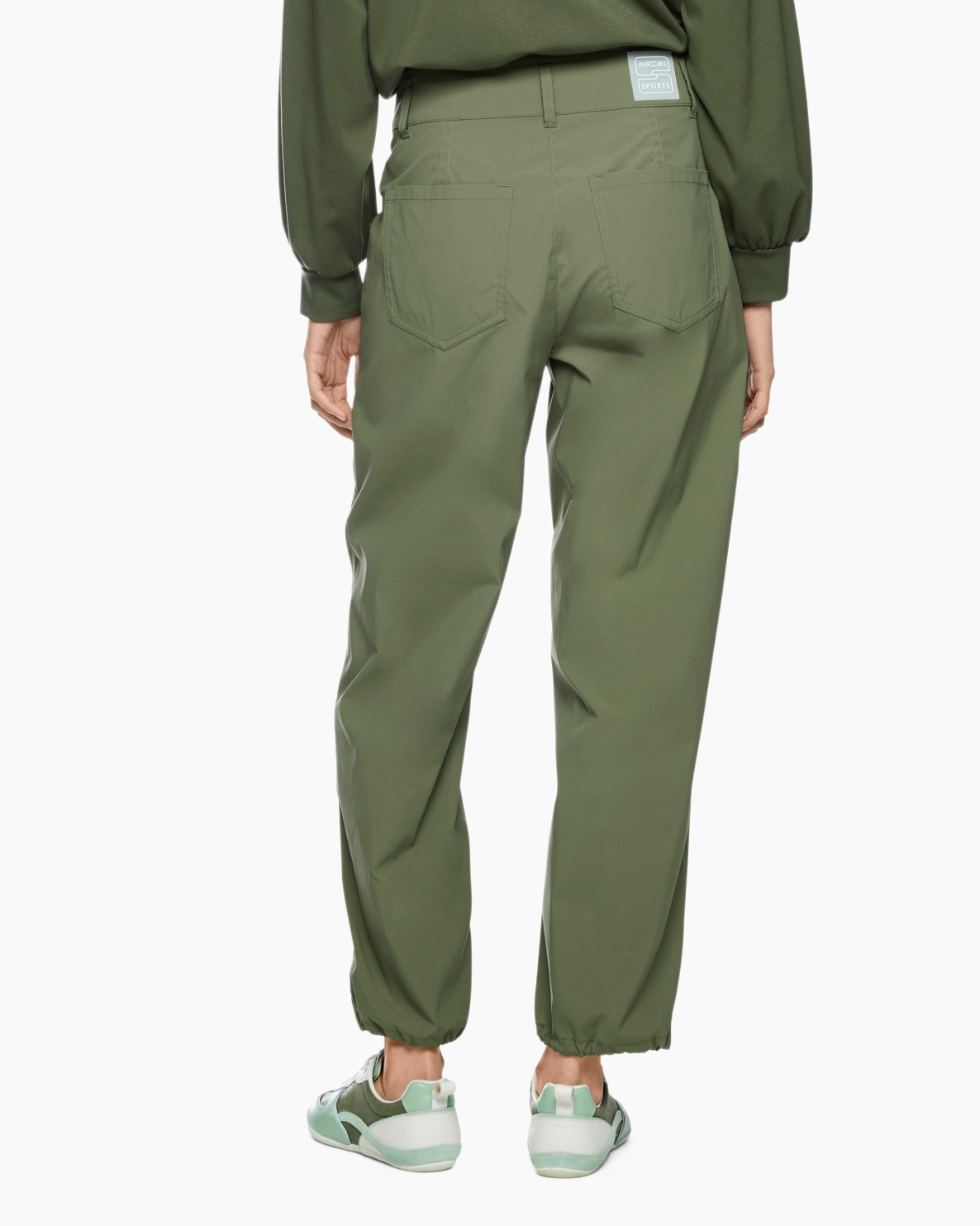 pants, cargo pants, olive green, elastic hem, zipper pocket