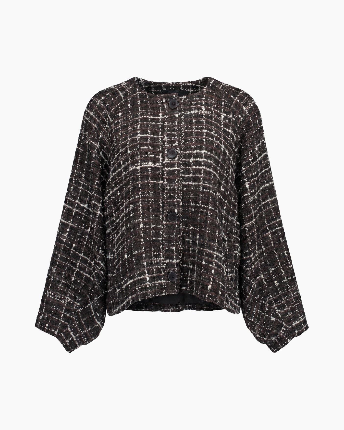 jasjas cropped, tweed, knopen sluiting, donkerbruin, textured stof