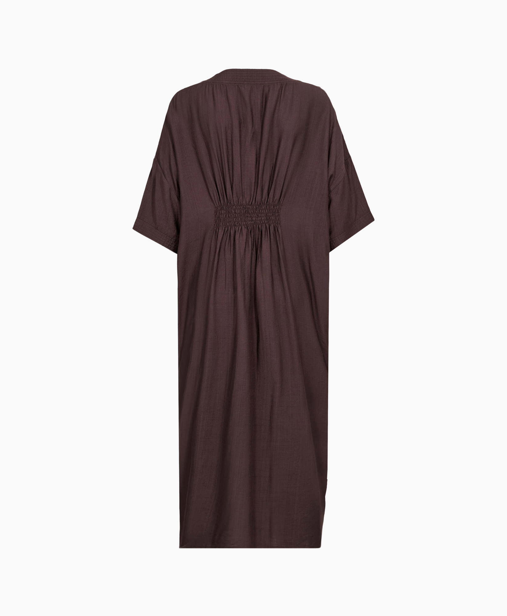 lange jurk, linnen, bruin, losses pasvorm, mouwen kort