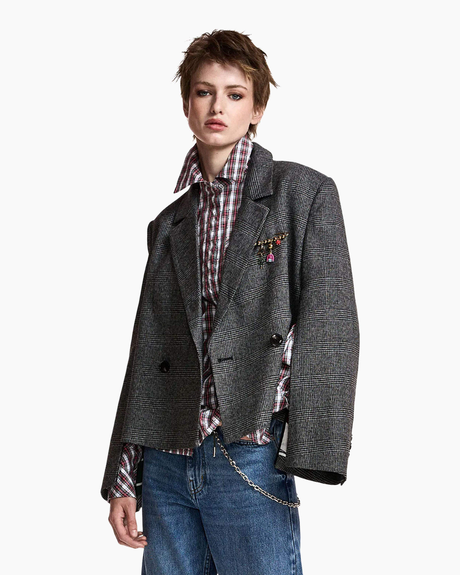 blazer, tweed, ruitjes, dubbelreeks, broche