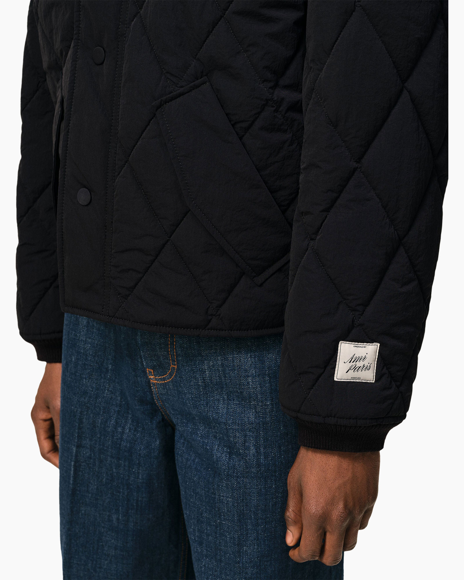 jasgering gepareld, zwarte jas, diamant-gestikt, lange mouw, label Patch