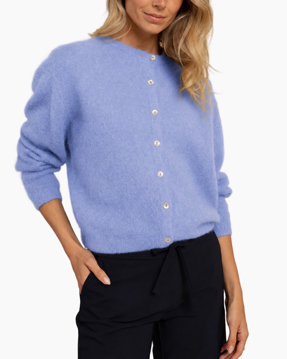 cardigan, breiponte, lavendel, knopsluiting, vrouwen