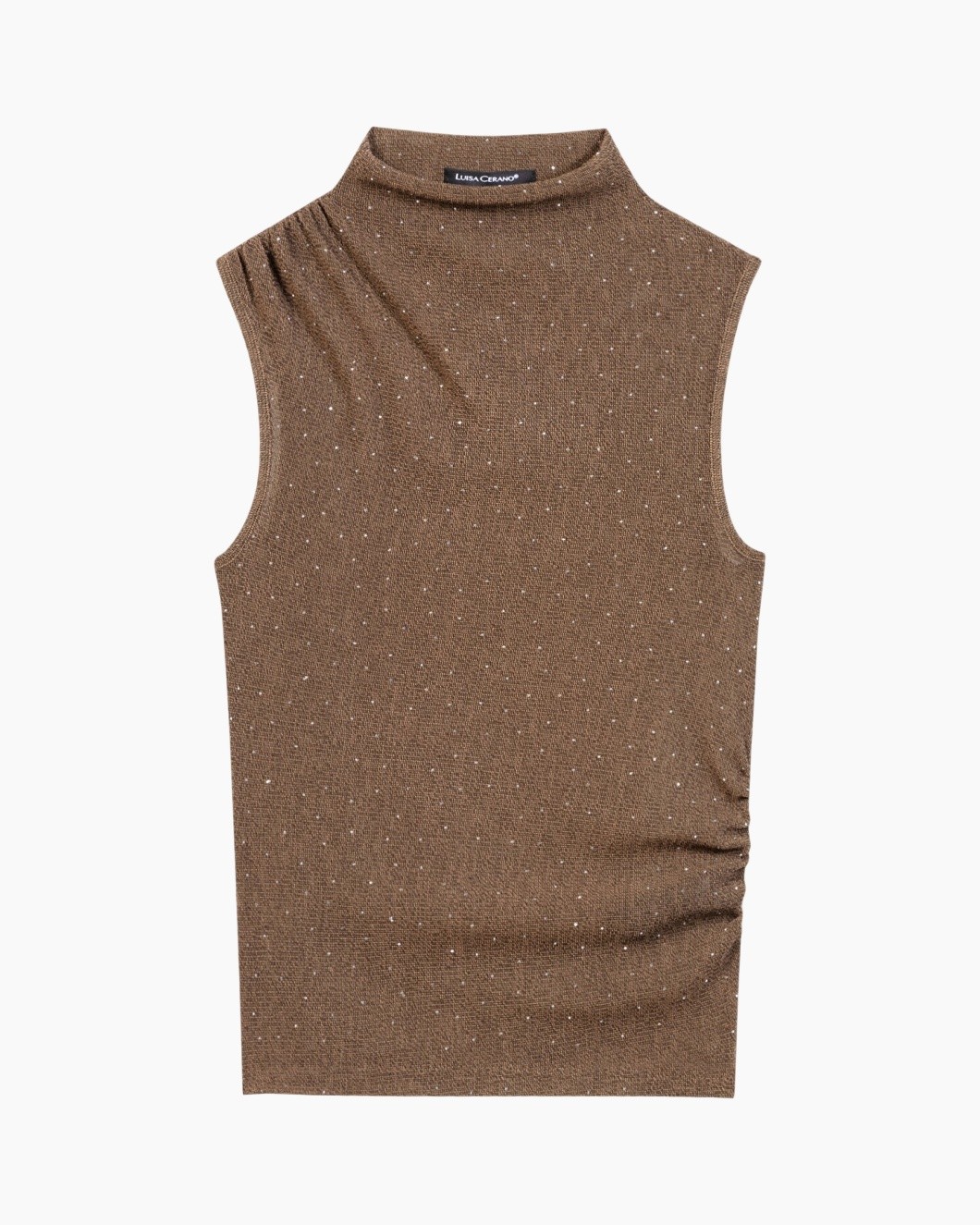 top zonder mouwen, breisel top, bruin, halshoog, textured breisel