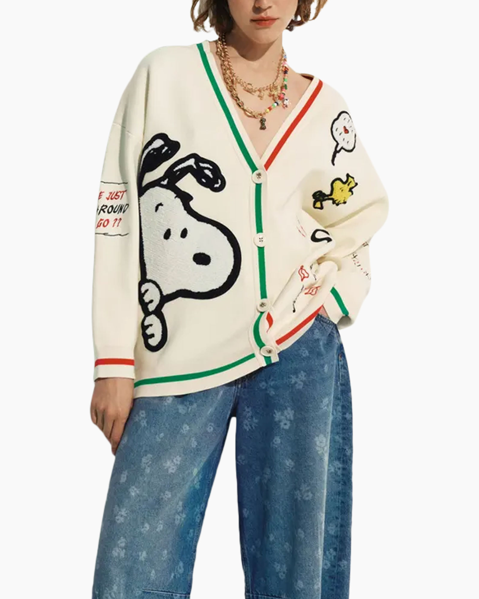 snoopy cardigan, graphic cardigan, cream cardigan, leisure knit, decorative buttons