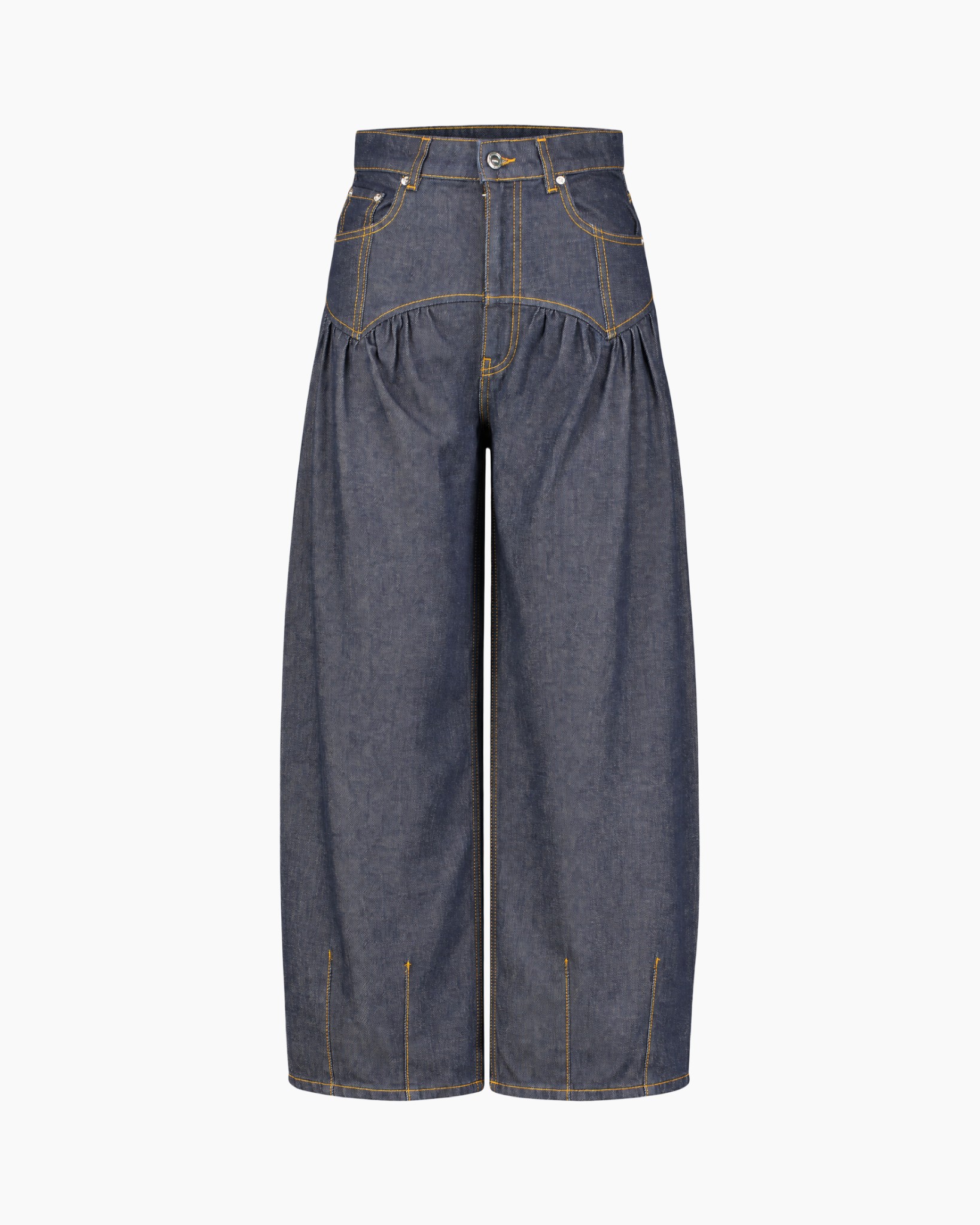 broek, denim, hoogwaist, wijdse pasvorm, zakken