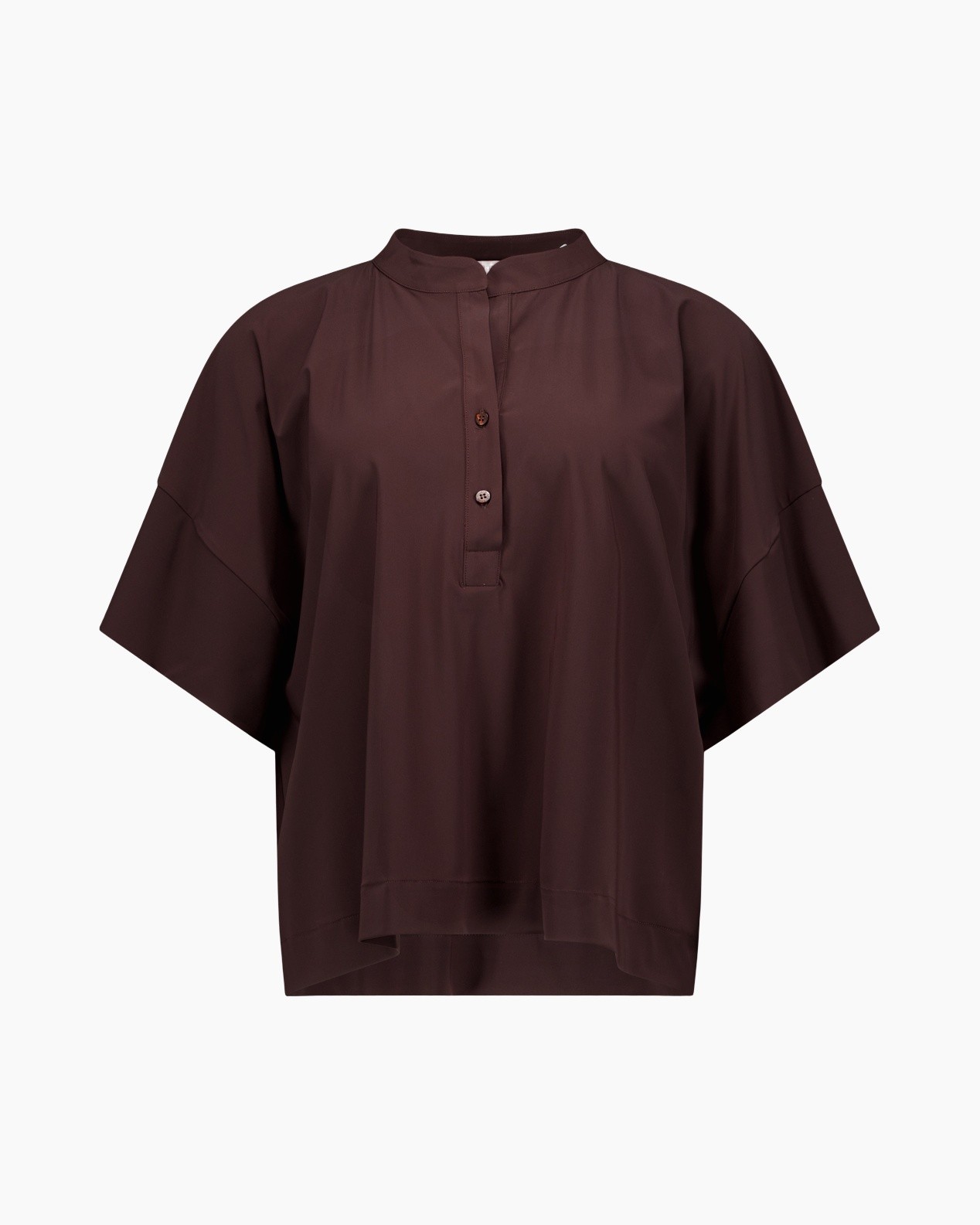 top, blouse, korte mouwen, bruin, knopen