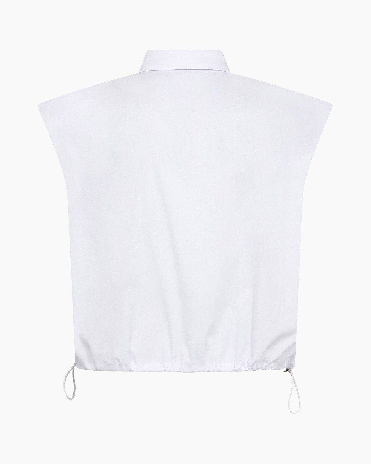 knopsluiting, witte blouse/overhemd, kraag, trekkoord, mouwloos
