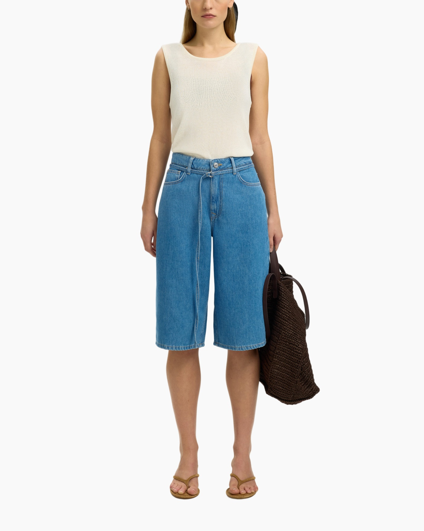 tank top, sleeveless, cream, knit, denim shorts