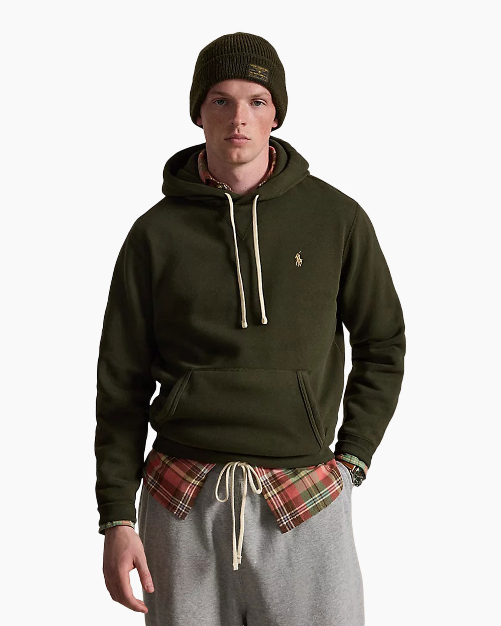 hoodie, olijfgroene, touwtjes, zak, logo