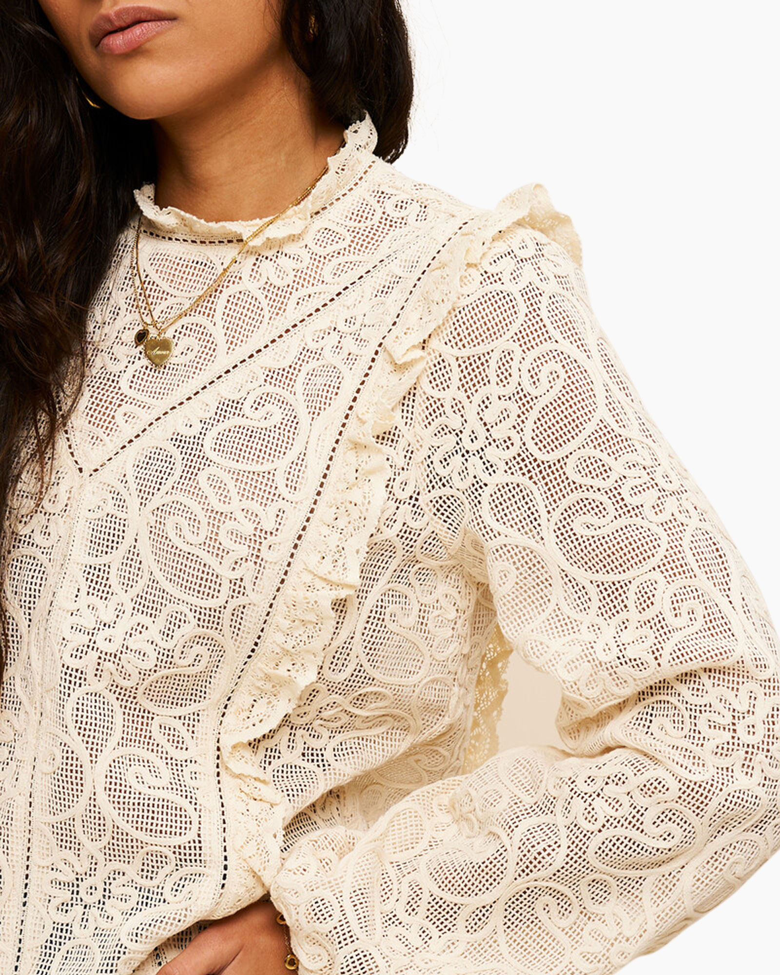 Blouse, Clothing, Lace, Necklace, Coat