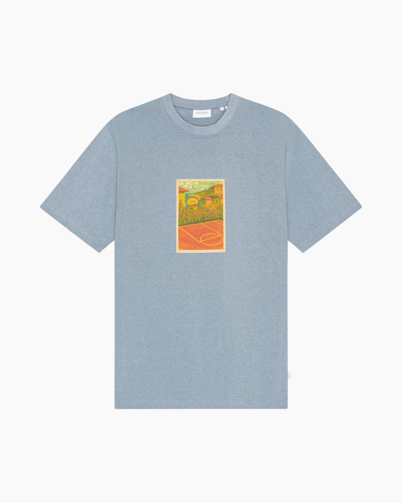 t-shirt, korte mouwen, blauw, grafisch, basketbalveld